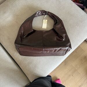 NWT Urban Expressions Shiny Dark Brown Leather Shoulder Hobo
